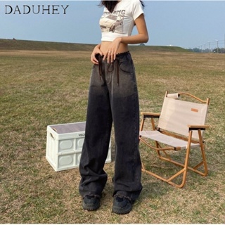 DaDuHey🎈 Women New American Style Ins Retro High-waisted Jeans Raw Edge Gradient Wide-leg Pants Casual Mop Fashion Plus Size Trousers