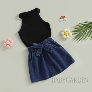 Babygarden-9 เดือน-5 ปี ชุดเสื้อผ้าเด็กผู้หญิง เสื้อกั๊กถัก แขนกุด + กระโปรงยีนสั้น ทรงเอ + เข็มขัดคาดเอว