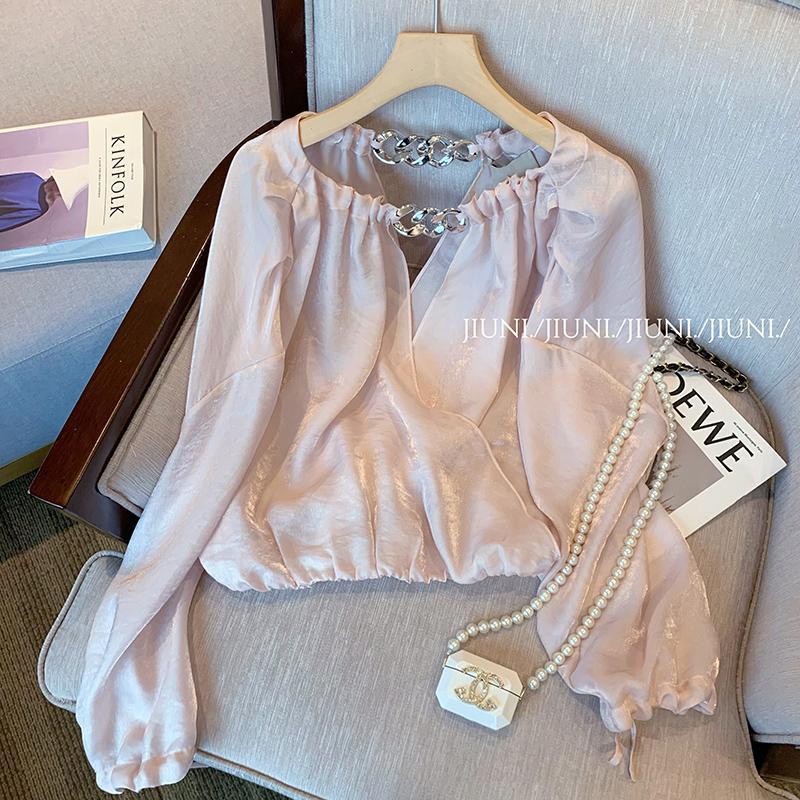 oversized-300jin-french-gentle-pink-chain-v-collar-blouse-fat-mm-super-sweet-temperament-shirt