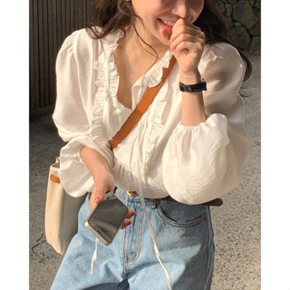 เสื้อเชิ้ตแขนยาว MC แบบผูกเชือก สีพื้น แฟชั่นฤดูใบไม้ผลิ สไตล์เกาหลี สําหรับผู้หญิง