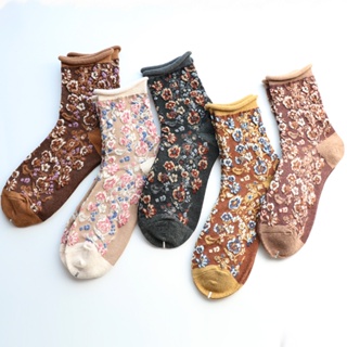 สินค้าใหม่ ถุงเท้าผ้าฝ้าย ลายดอกไม้ ขนาดเล็ก สไตล์ชนเผ่าเรโทร สําหรับผู้หญิง 2023