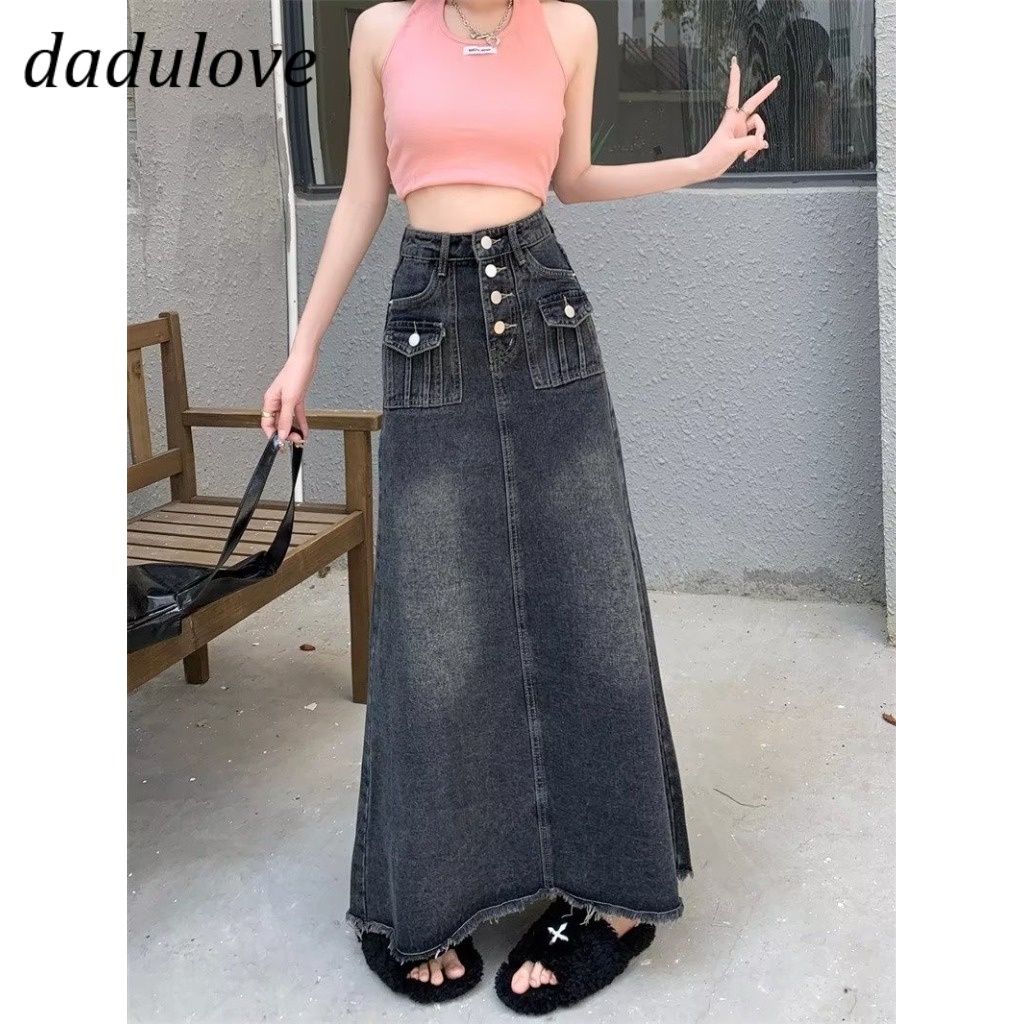 dadulove-new-american-ins-retro-washed-slit-denim-skirt-niche-high-waist-a-line-skirt-large-size-bag-hip-skirt