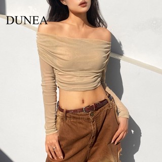 Dunea เสื้อแขนยาว เปิดไหล่ ผ้าตาข่าย แต่งระบาย สไตล์วินเทจ สําหรับผู้หญิง