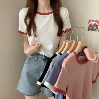 เสื้อชั้นในฤดูร้อนเกาหลี Slim Fit Short  เสื้อนักเรียนสีกระแทกคอกลมแขนสั้นเสื้อยืดผู้หญิง