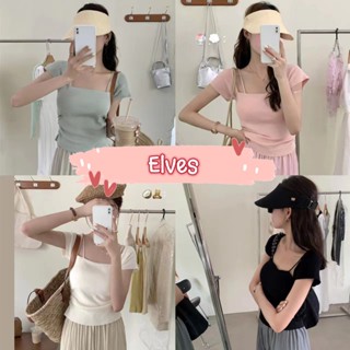 Elves✨พร้อมส่ง✨  เสื้อไหมพรมคอเหลี่ยม แขนสั้น เสื้อย่นข้างๆ สาย2ข้าง ~16006~