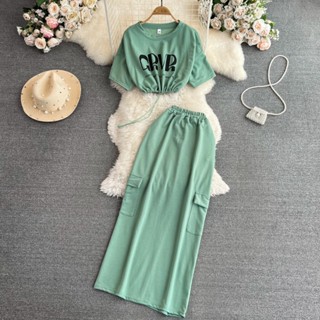 ชุดเสื้อคอกลม แขนสั้น และกระโปรง เอวสูง ทรงหลวม สีพื้น สไตล์วินเทจ แฟชั่นฤดูร้อน สําหรับผู้หญิง