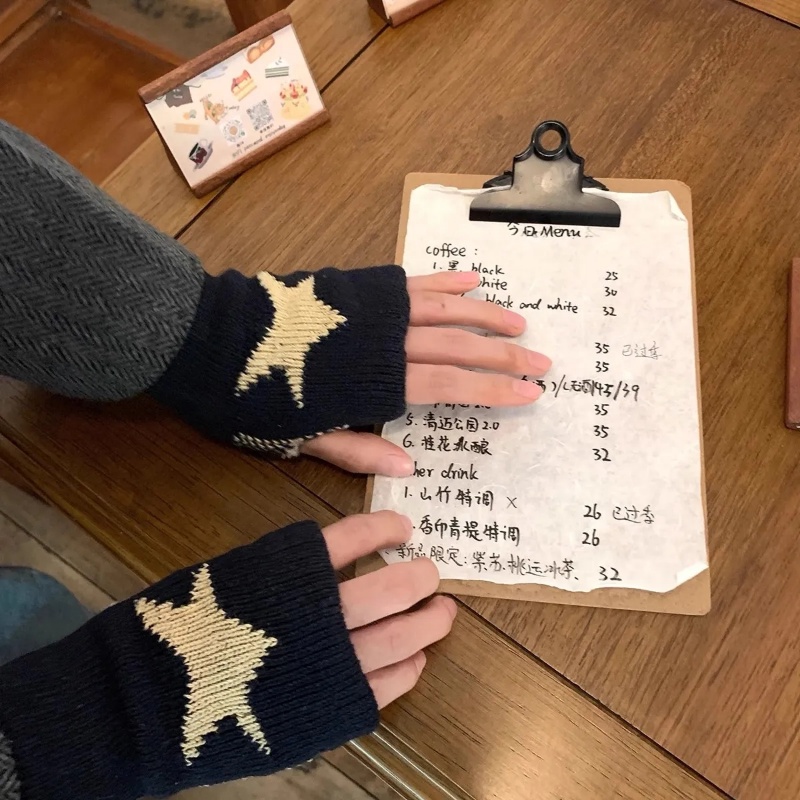 ถุงมือถัก-แบบครึ่งนิ้ว-ลายดาวห้าแฉก-ให้ความอบอุ่น-กลางแจ้ง-y2k