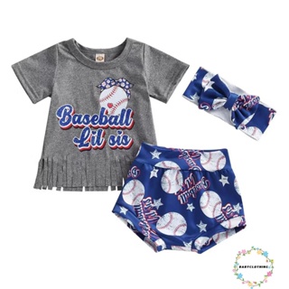 Babyclothes- ชุดเสื้อแขนสั้น คอกลม พิมพ์ลายตัวอักษร และกางเกงขาสั้น พิมพ์ลายเบสบอล และที่คาดผม แฟชั่นฤดูร้อน สําหรับเด็กผู้หญิง