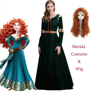 ชุดแม็กซี่เดรสคอสเพลย์ Disney Merida Princess พร้อมวิกผม สีเขียวเข้ม เหมาะกับปาร์ตี้ฮาโลวีน สําหรับผู้หญิง และผู้ใหญ่