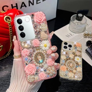 เคส Vivo V29 V27 5G V27E V25 Pro 25e V23 5G V23e V23 Pro V21 5G 4G V20 Pro V20SE โทรศัพท์มือถือ ลายดอกกุหลาบ 3D ประดับเพชรเทียม หรูหรา สําหรับ