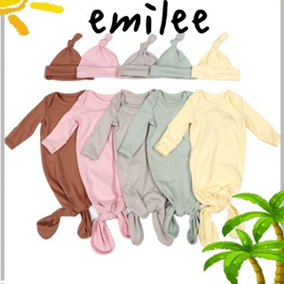 Emilee ชุดนอนแขนยาว ผ้าฝ้ายแท้ ผูกปม พร้อมหมวก 0-6 เดือน สีพื้น ผ้าพันคอนีออนัล สําหรับเด็กทารกแรกเกิด