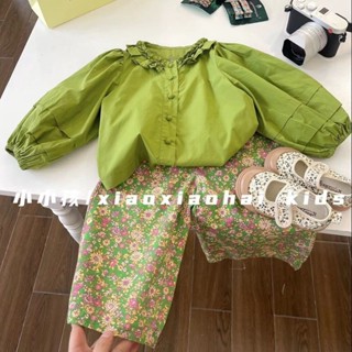 พร้อมส่ง ขายดี เสื้อเชิ้ต กางเกงขายาว ขากว้าง ลายดอกไม้ สีเขียว สไตล์เกาหลี ญี่ปุ่น แฟชั่นฤดูใบไม้ผลิ สําหรับเด็กผู้หญิง 2023