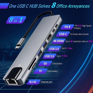 8 In 1 อะแดปเตอร์ Type C 3.1 เป็น 4K HDMI HD พร้อมการ์ดรีดเดอร์อีเธอร์เน็ต RJ45 LAN SD TF PD ชาร์จเร็ว สําหรับ MacBook โน้ตบุ๊ก แล็ปท็อป คอมพิวเตอร์