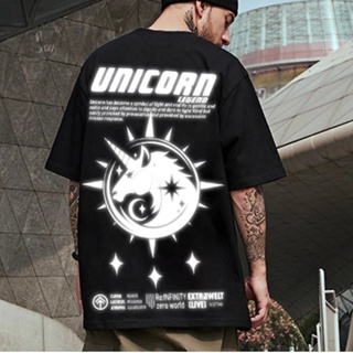 National Trendy oversize Unicorn hiphop Short-Sleeved T-Shirt Men Women Trend Personality Reflective Printed Round _01