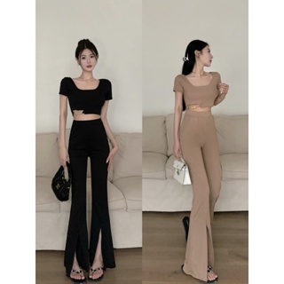 Hot Girls Fashionable Age-reducing Two-piece Suit Womens Summer Short Navel Shirt Casual High Waist Split Micro-flared Pants