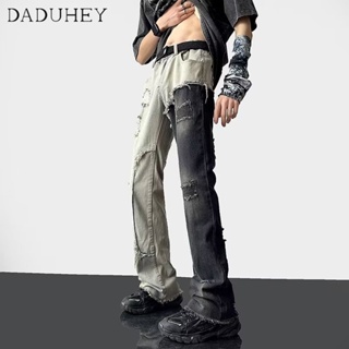 DaDuHey🔥 Mens  Fashion Brand All-Match Stitching Contrast Color Casual Pants American-Style Retro Straight Loose Wide-Leg Jeans