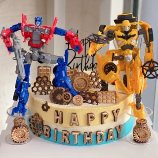 ของเล่นฟิกเกอร์ Transformer Toy Birthday Cake Topper Optimus Prime Bumblebee สําหรับตกแต่งรถยนต์