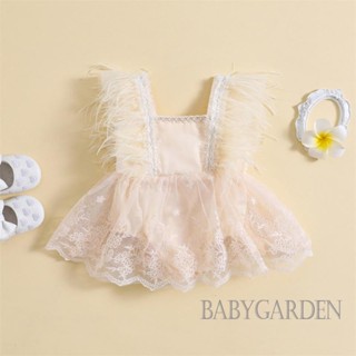 Babygarden- ชุดรอมเปอร์ บอดี้สูท คอสี่เหลี่ยม แขนแต่งขนนก แต่งลูกไม้ สําหรับเด็กผู้หญิง อายุ 3-24 เดือน