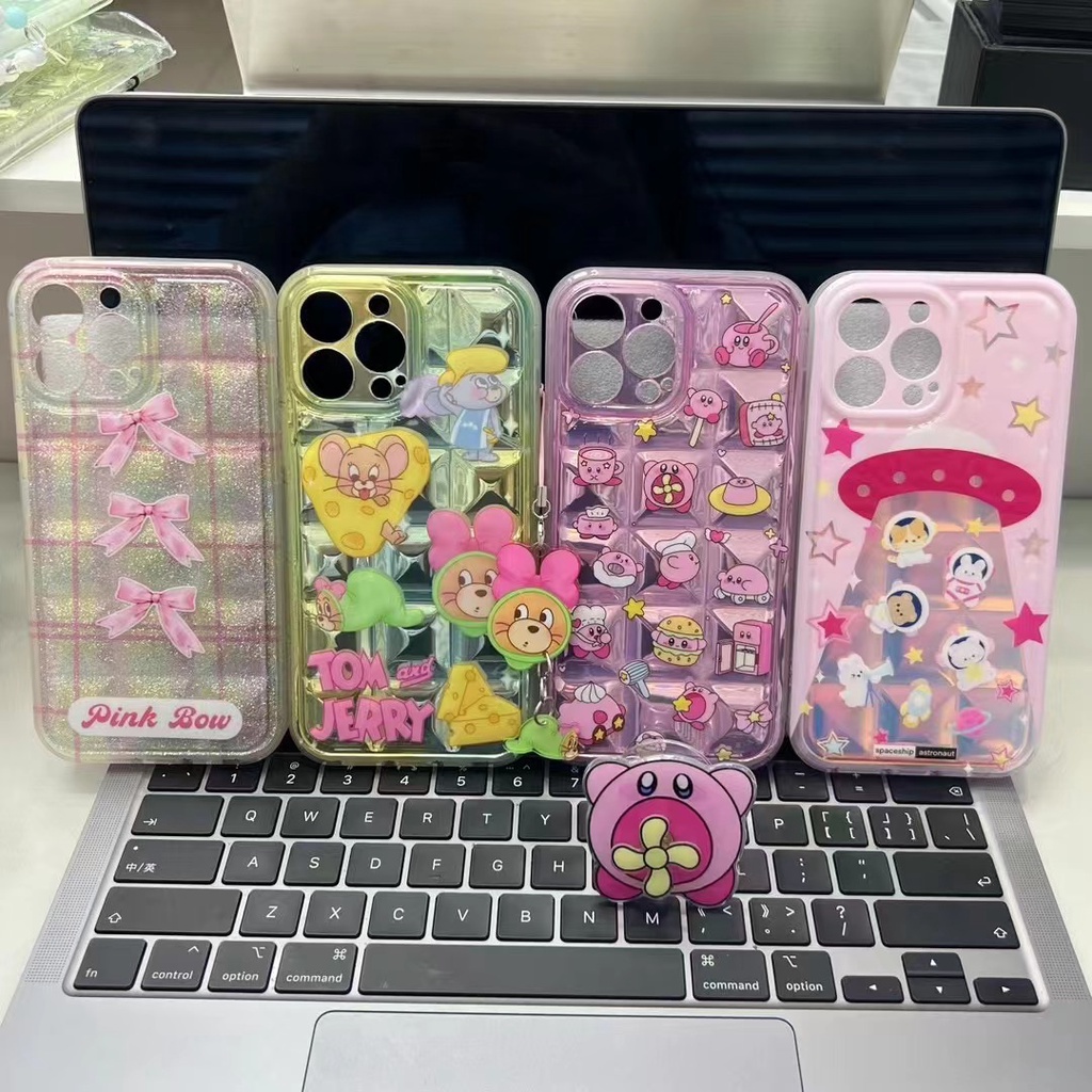 เคสโทรศัพท์มือถือแบบนิ่ม-กันกระแทก-ลายโฮโลแกรม-kirby-น่ารัก-พร้อมที่ตั้งวาง-สําหรับ-iphone-12promax-14promax-13promax