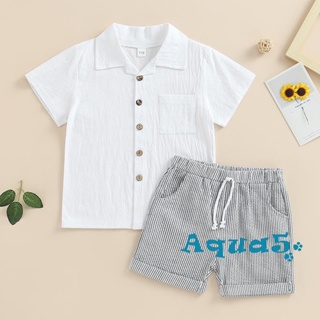 Aqq- ชุดเสื้อแขนสั้น คอปก กางเกงขาสั้น ลายทาง ลําลอง สไตล์สตรีท ฤดูร้อน สําหรับเด็กผู้ชาย
