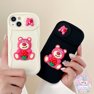 เคสโทรศัพท์มือถือ กันกระแทก ปิดด้านหลัง แบบป้องกันเลนส์ ลายหมีสตรอเบอร์รี่น่ารัก 3D สําหรับ iPhone 11 14 13 12 Pro Max