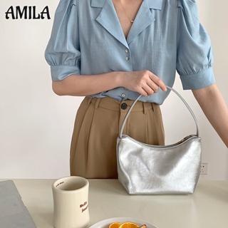 AMILA กระเป๋าถือผู้หญิง วัสดุหนัง PU สีทึบ การออกแบบจีบที่เรียบง่าย สไตล์เกาหลีกำลังฮิต ลำลองและChill
