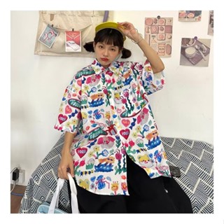 เสื้อเชิ้ตแขนสั้น พิมพ์ลายดอกไม้ ทรงหลวม สไตล์ฮาราจูกุ แนวสตรีท เหมาะกับฤดูร้อน สําหรับผู้ชาย และผู้หญิง