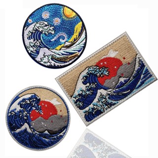 สติกเกอร์ ปักลายคลื่น Ukiyo Van Gogh The Starry Night &amp; Kanagawa สําหรับติดตกแต่งเสื้อผ้า