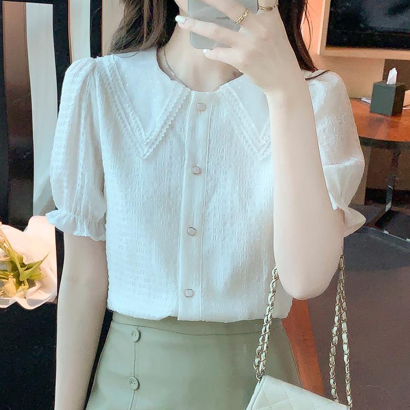 เสื้อเชิ้ตแขนสั้น-คอตุ๊กตา-ผ้าชีฟอง-ขนาดเล็ก-เข้ากับทุกการแต่งกาย-แฟชั่นฤดูร้อน-สําหรับผู้หญิง-2023