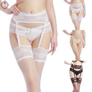 Women Lace Thigh High Stockings with Garter Belt  Mesh Sexy Sheer Stocking Set