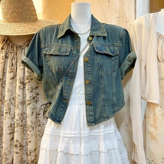 Summer 2023 New Polo Collar Single-breasted Denim Short Coat Womens Casual All-match Slim-fit Short-sleeved Top Trendy