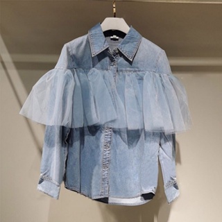 Spring 2021 new French high-end blue denim shirt female designer chic long-sleeved blouse