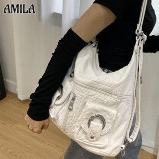 AMILA กระเป๋าเป้แฟชั่นเรียบง่ายสไตล์เกาหลี กระเป๋าสะพายไหล่ PU ที่เหมาะกับคุณ นักเรียนที่กำลังเดินทางไปเรียน ความจุสูง พกพาสำหรับการเดินทาง