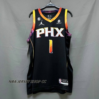 【คุณภาพสูง】ใหม่ ของแท้ NBA Phoenix Suns 2022-23 สําหรับผู้ชาย #1 เสื้อกีฬาแขนสั้น ลายทีม Devin Booker สีดํา