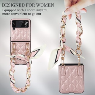 เคสโทรศัพท์หนัง กันกระแทก พร้อมสายคล้อง และสายคล้อง หรูหรา สําหรับ Samsung Galaxy Z Flip 3 4 Flip 5 5G