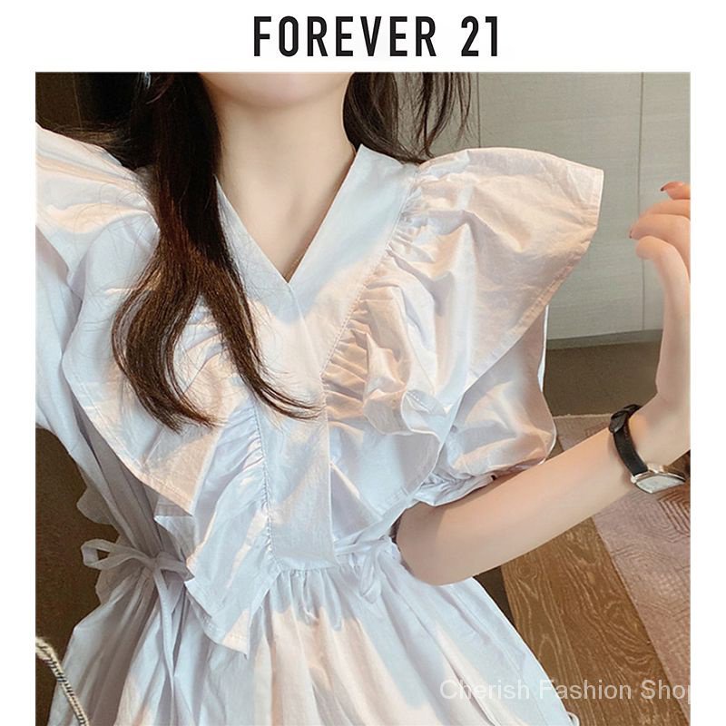 forever21-ชุดเดรสกระโปรง-คอวี-แขนพัฟ-เอวสูง-สีดํา-สําหรับสตรี