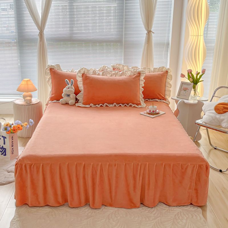 กระโปรงเตียงขนแกะนมรุ่นเกาหลีป้องกันไฟฟ้าสถิตย์กระโปรงเตียงผ้าฤดูหนาวผ้าที่สะดวกสบาย-ผ้าคลุมเตียงแบบกระโปรง