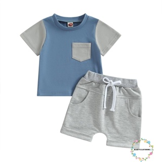 Babyclothes- ชุดเสื้อยืด แขนสั้น สีตัดกัน พร้อมกระเป๋าหน้าอก และกางเกงขาสั้น แบบยืดหยุ่น แฟชั่นฤดูร้อน สําหรับเด็กผู้ชาย