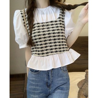 👏ราคาถูก👏แขนสั้น🔸เสื้อเชิ้ตแขนสั้นสองชิ้นปลอมออกแบบเฉพาะสำหรับผู้หญิงรุ่นใหม่ปี2023ฤดูร้อน
