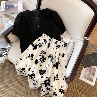 Summer large size fat mm light cooked style advanced sense suit 2023 new fashionable V-collar blouse half skirt two-piece set
