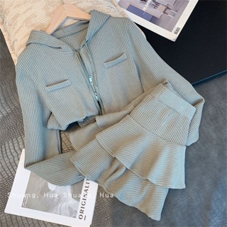 Leisure fashion suit women 2023 spring new design sense hooded cardigan short skirt American sweet and spicy style two-piece set