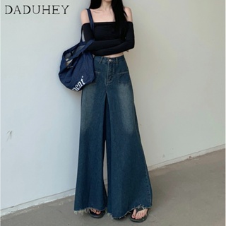 DaDuHey🎈 Womens  High Waist Raw Hem Blue Jeans Summer Loose-Fitting Slimming Pants Design Sense Wide Leg Straight Casual Mop Pants