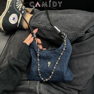 Camidy กระเป๋ารักแร้พกพาสไตล์ย้อนยุควินเทจหวานเย็นกระเป๋าสะพายไหล่สายโซ่ยีนส์