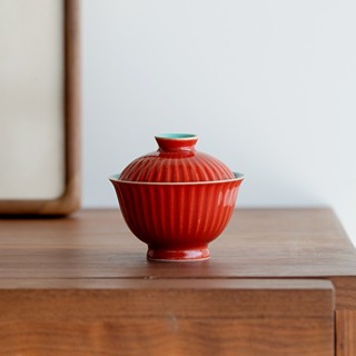 Forbidden City Red Cover Bowl [Huayun] ชุดถ้วยชาเซรามิค ลายกลีบดอกเบญจมาศ สไตล์จีน เรียบง่าย [A015]