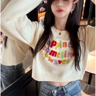 เสื้อกันหนาวแขนยาว ผ้าถัก ทรงหลวม ปักลายตัวอักษร หลากสีสัน แฟชั่นฤดูใบไม้ร่วง และฤดูหนาว สําหรับผู้หญิง K4