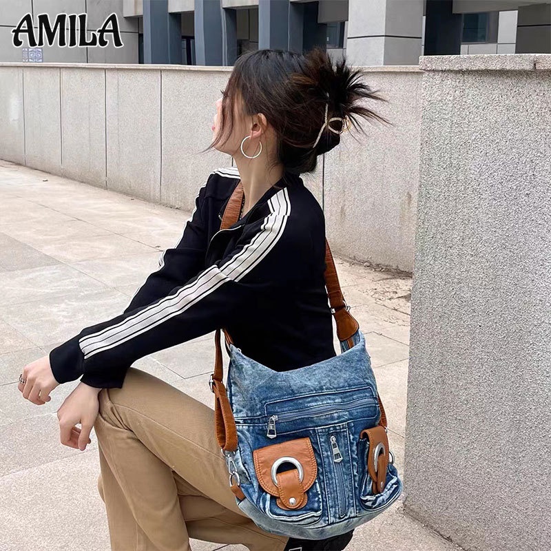 amila-กระเป๋าเป้ผ้ายีนส์-กระเป๋าร่อซู้ลมอเตอร์ไซค์แบบสบาย-ๆ-niche-ทันสมัย-การเดินทางทำงาน-แฟชั่นสบายๆ