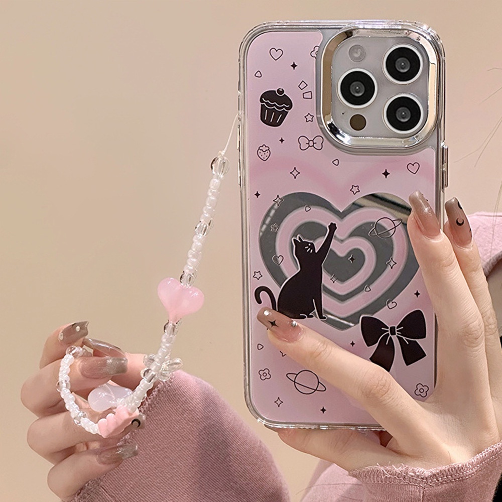 เคสโทรศัพท์มือถือ-ประดับลูกปัดกระจก-ลายแมวน่ารัก-กันสิ่งสกปรก-พร้อมสายคล้องข้อมือ-สําหรับ-iphone-11-14-pro-max-12pro-13promax-xs-xr