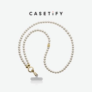 Casetify สายโซ่คล้องโทรศัพท์มือถือ ประดับไข่มุก สีเงิน และสีขาว ป้องกันการสูญหาย