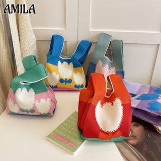 AMILA กระเป๋าสเวตเตอร์ถักลายดอกทิวลิปน่ารัก กระเป๋าสะพายข้างแฟชั่นสไตล์เกาหลี แฟชั่นสด กระเป๋าโท้ททันสมัยอเนกประสงค์ ความจุสูง