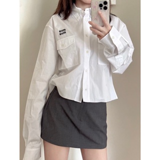 FVEH MIU MIU 2023 spring and summer new letter embroidery logo decorative double pocket design short long sleeve shirt for women fashion